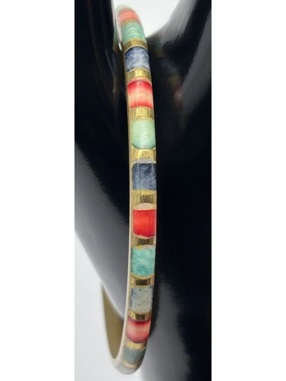 Lot of Three Vintage Bangle Bracelets 2 Brass Multicolor Inlay 1 Gold Tone Metal
